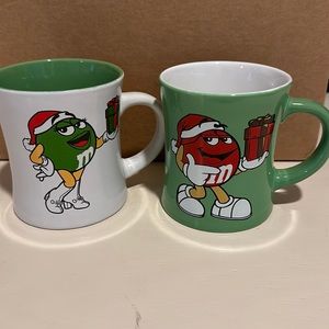 Set of (2) M&M green and red Santa Christmas holiday mugs 2008